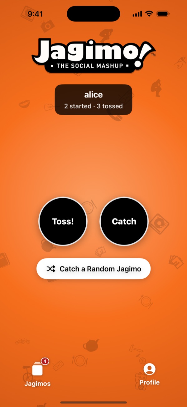 The Jagimo! home screen with Toss! and Catch buttons